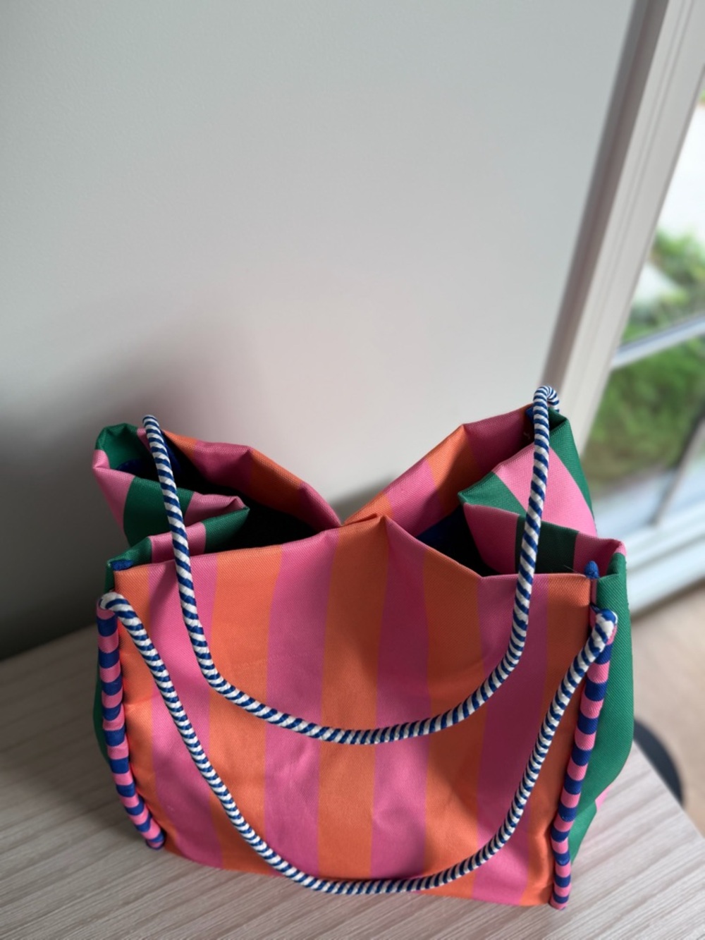 Shiraleah Striped Tote Bag Pink Orange Rope Handle Beach Travel Carryall - Picture 6 of 8